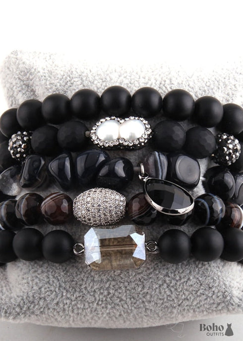 Boho Bracelet, RH Bracelet Set, Cubic Zircon Ball, Natural Stones, in Black and White